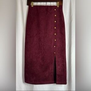 Messini Burgundy Red Pencil Skirt Gold Button Front Slit Size Small Suede